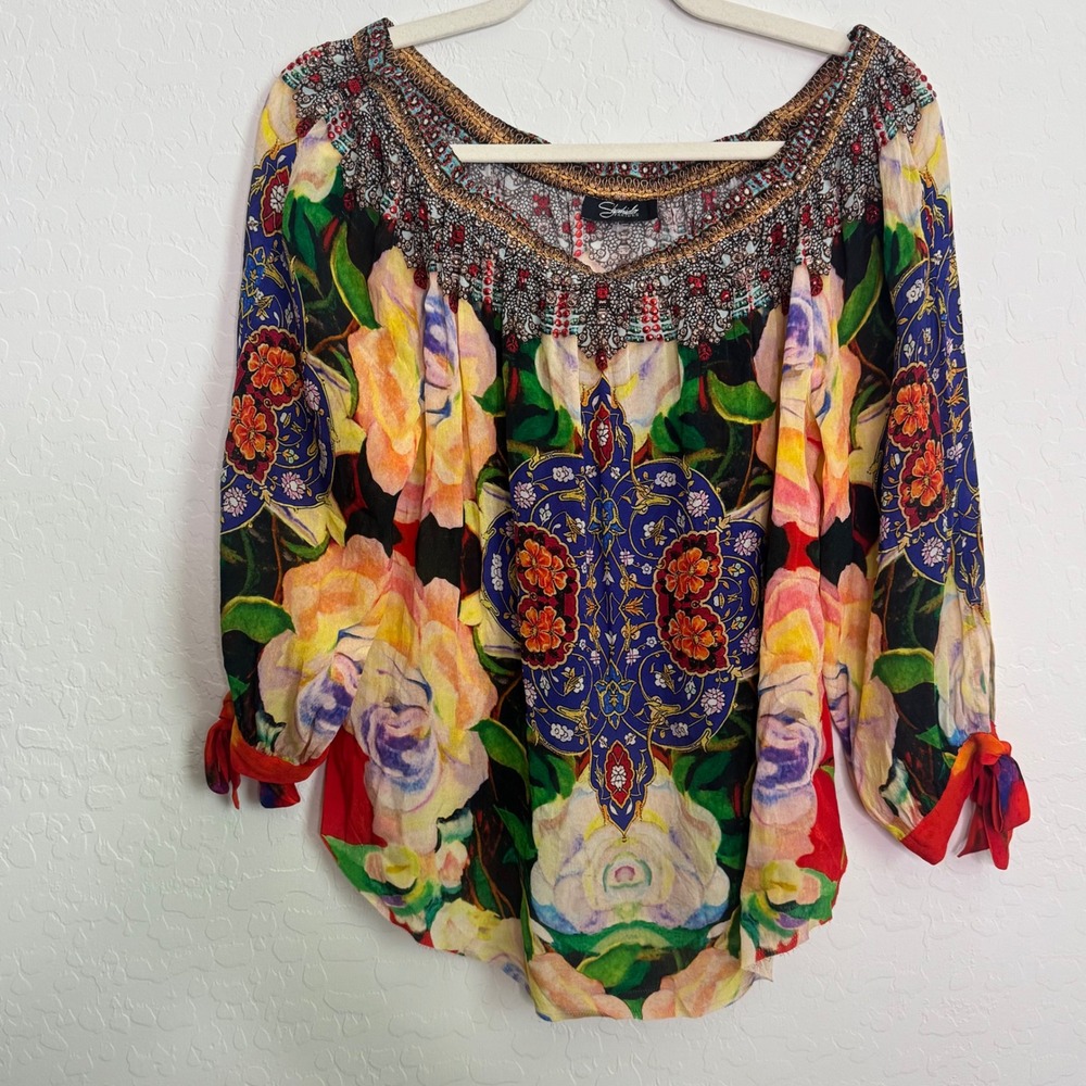 Shahida‎ Parides Women Silk Blouse M/L Off Shoulder Embellished Boho Resort